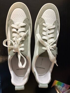 Frankie4 Women's White and Sage Green Leather Sneakers
